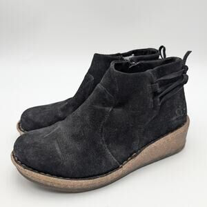 Born Viana Leather Wedge Suede Bootie Round Toe Women's Black Size US8 EU39